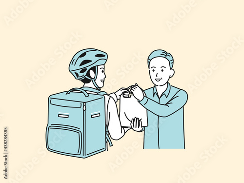 フードデリバリー　配達員　荷物を受け取る男性　イラスト素材