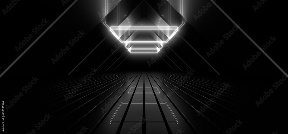 Obraz premium A dark tunnel lit by white neon lights. Reflections on the floor and walls. 3d rendering image.