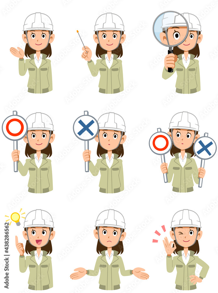 ヘルメットをかぶり作業着を羽織った事務職の女性の上半身　9種類の表情と仕草
