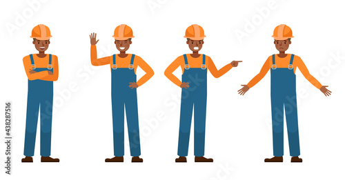 Set of Builder man working character vector design. Presentation in various action with emotions.
