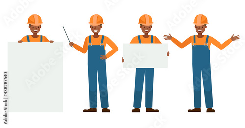 Set of Builder man working character vector design. Presentation in various action with emotions.