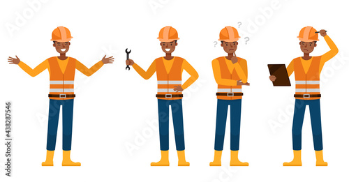 Set of Builder man working character vector design. Presentation in various action with emotions.