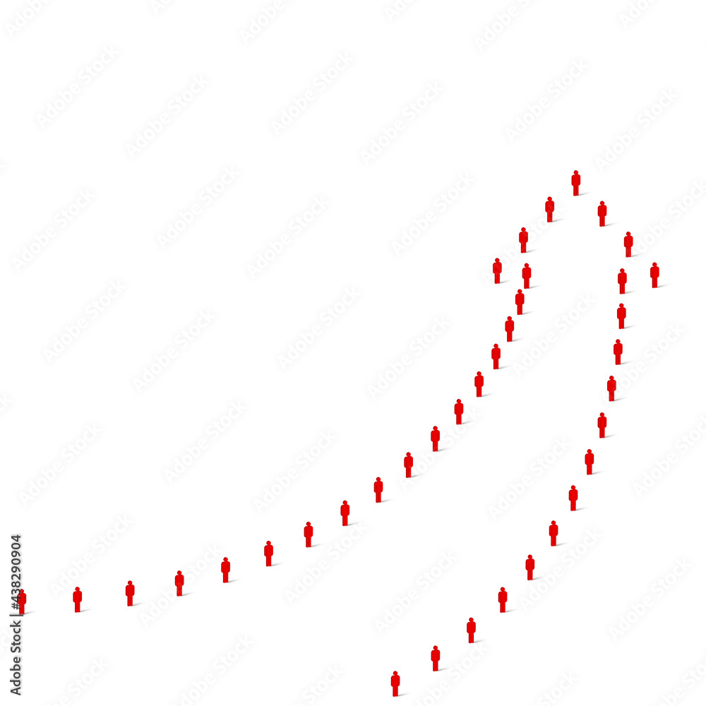 Human crowd in the shape of curve up arrow. Stick figure red simple icons. Vector illustration