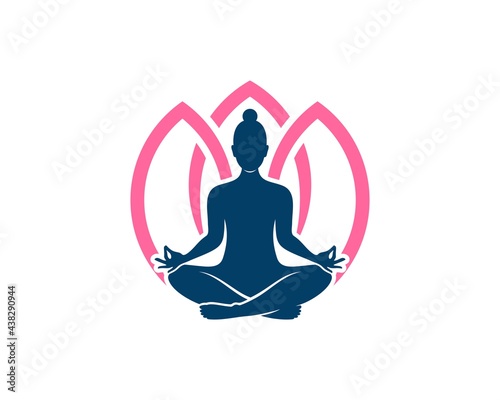 Women yoga with pink lotus flower behind