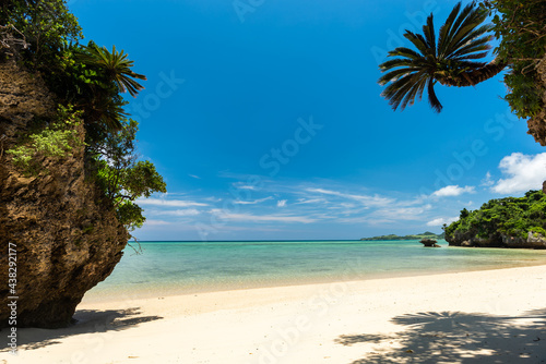 Paradise beach with emerald green sea, white sands and typical coastal vegetation over limestone. Ishigaki island.