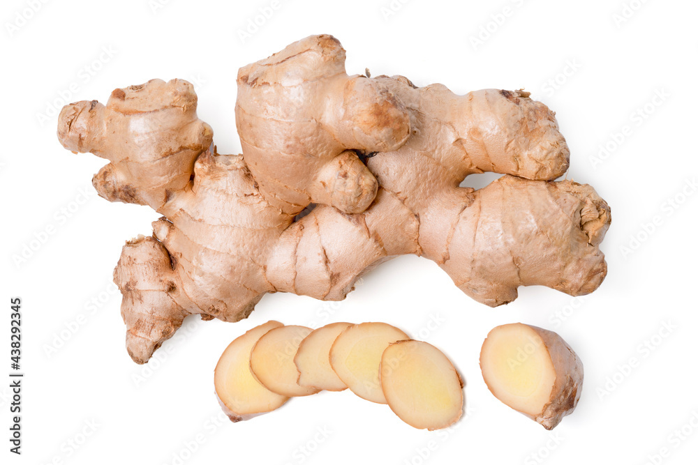 Fresh ginger root rhizome with shredded ginger Fresh ginger root rhizome with shredded ginger