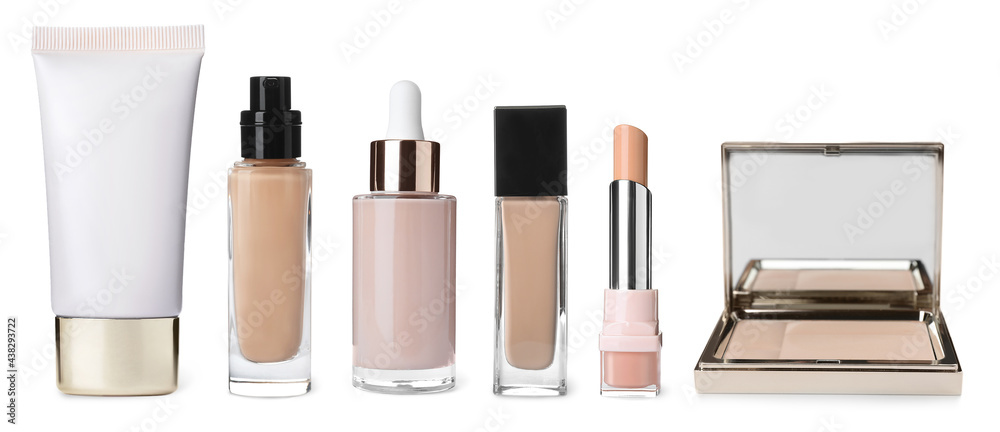 Set with different decorative cosmetic products on white background. Banner design - obrazy, fototapety, plakaty 