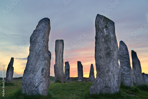 Callanish stones at sunset, located on the isle of Lewis, Outer Hebrides, Scotland, Uk.