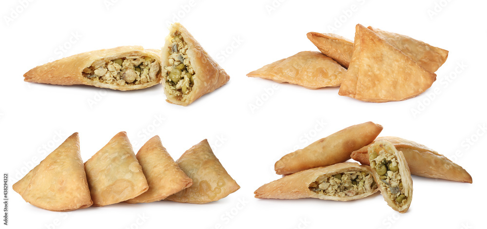 Crispy delicious samosas on white background, collage. Banner design Crispy delicious samosas on white background, collage. Banner design