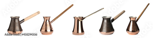 Wallpaper Mural Set with beautiful copper turkish coffee pots on white background. Banner design Torontodigital.ca