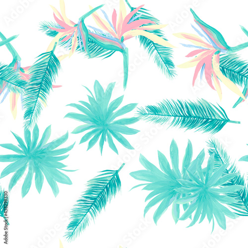 Blue Pattern Design. Indigo Seamless Textile. Azure Tropical Art. White Flower Nature. Cobalt Floral Plant. Wallpaper Background. Decoration Exotic. © Surendra