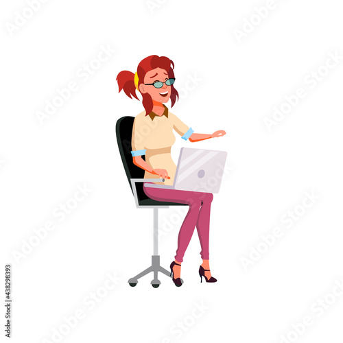 laughing woman watching online comic film on laptop cartoon vector. laughing woman watching online comic film on laptop character. isolated flat cartoon illustration