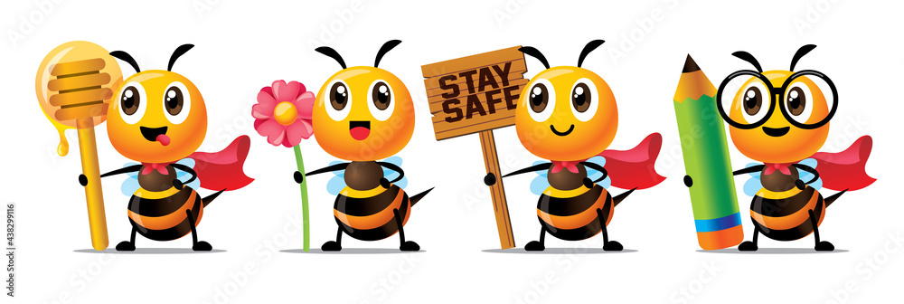Fototapeta premium Cartoon cute bee holding honey dipper, flower, wooden signboard and pencil character mascot set