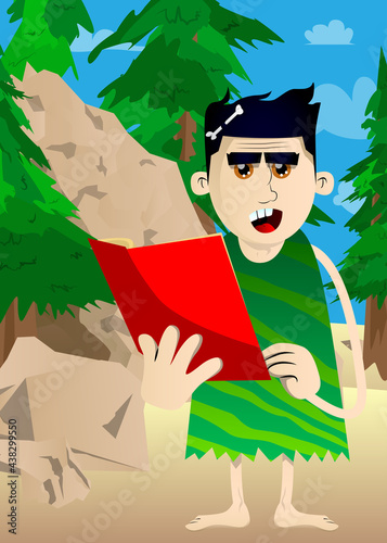 Cartoon prehistoric man reading a book, holding a journal, magazine, brochure in his hand. Vector illustration of a man from the stone age. photo