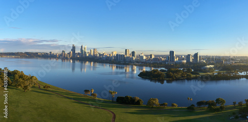 Early morning aerial panoramic of the Perth skyline and Swan River in Western Australia.