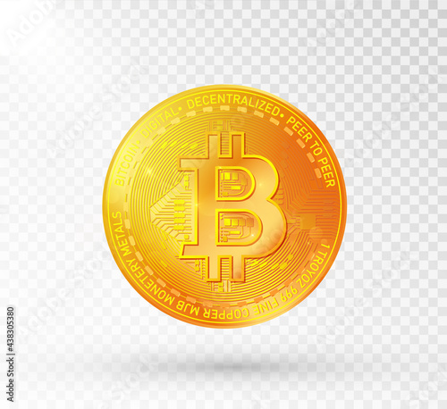 Gold bitcoin coin. Bitcoin symbol in cryptocurrency isolated on transparent background. Realistic vector illustration.	