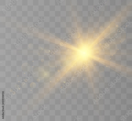 Lens flare, light effect. Flash blinks with beams and spotlight. Illust. Yellow glowing light. Beautiful star Light from rays. The sun is illuminated. Bright beautiful star. Sunlight. Glare.