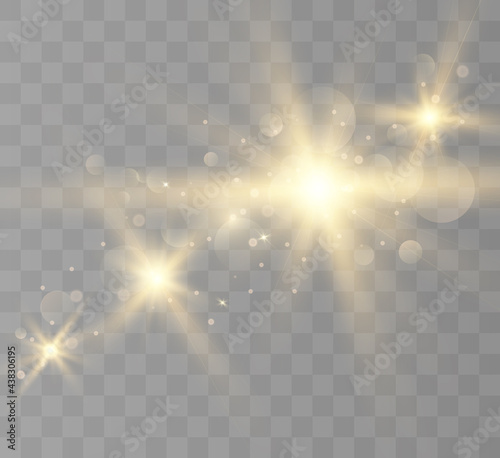 Lens flare, light effect. Flash blinks with beams and spotlight. Illust. Yellow glowing light. Beautiful star Light from rays. The sun is illuminated. Bright beautiful star. Sunlight. Glare.