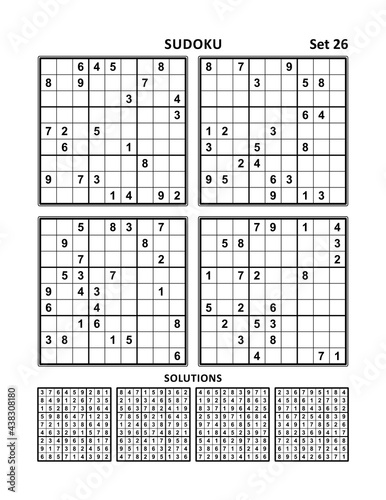 Four sudoku puzzles of comfortable (easy, yet not very easy) level, on A4 or Letter sized page with margins, suitable for large print books, answers included. Set 26.
