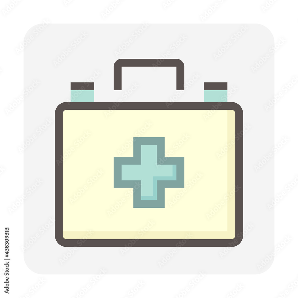First aid kit vector icon. Consist of portable bag, case or box, cross sign, supplies safety equipment tool and medical item i.e. medicine for doctor, medic to rescue in emergency situation. 48x48 px First aid kit vector icon. Consist of portable bag, case or box, cross sign, supplies safety equipment tool and medical item i.e. medicine for doctor, medic to rescue in emergency situation. 48x48 px