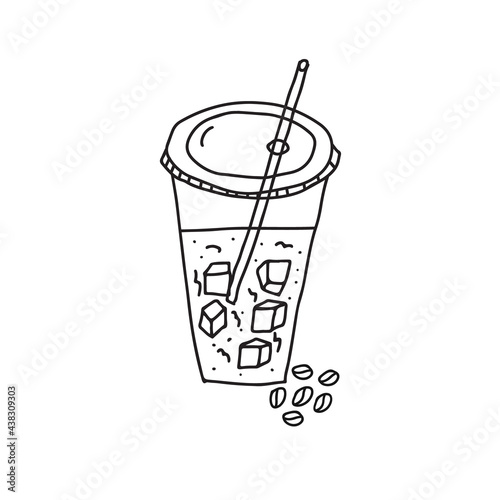 Hand drawn doodle vector illustration of iced coffee with cubes of ice in a plastic to go cup with a straw. Isolated on white background.