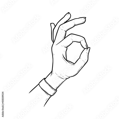 Okay sign meaning acception and perfection. Ok hand gesture isolated in white background. Outline vector illustration
