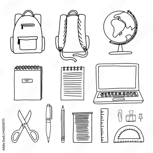 Hand-drawn doodle sketch vector illustration of school and office supplies around a backpack. Paper notebook, notepad, scissors, pens, pencils, globe, laptop. Back to school.  white background.