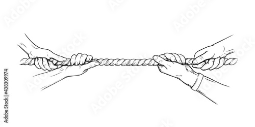Tug war competition with rope. Hands pulling rope. Sketch hand drawn vector illustration isolated in white background
