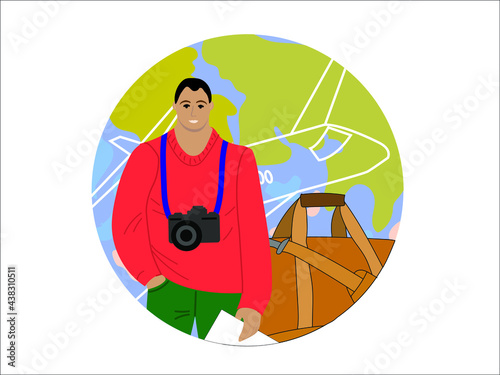 A man with a camera around his neck and a travel suitcase and bag against the backdrop of the globe. Illustration of banners and postcards, icons for tourists, vacations, vacations and business trips.