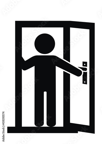 Person in the open door, black and white vector icon on white background