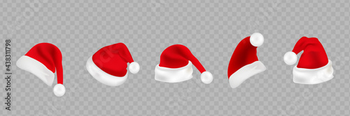 Big set of realistic Santa Hats isolated on transparent background. Vector santa claus hat colllection, holiday cap to xmas illustration