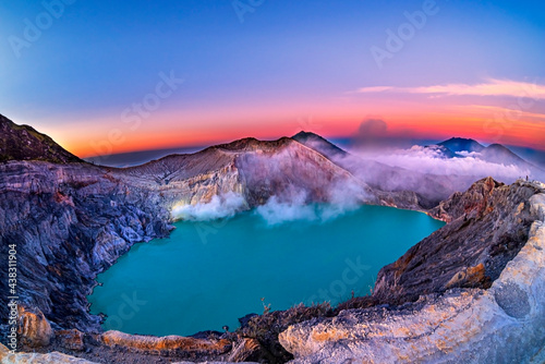 Beautiful view of Kawah Ijen lake and volcano early morning at East Java, Indonesia.