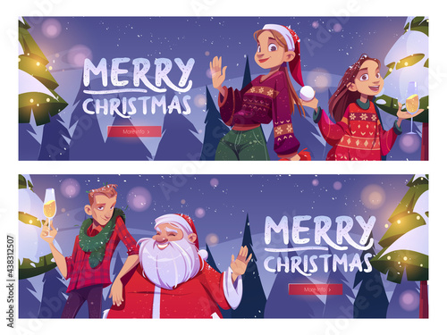 Merry Christmas cartoon banner, Santa Claus and man, girls with champagne glass stand on winter forest background with snowfall. Xmas and Happy New Year corporate party celebration, vector web header