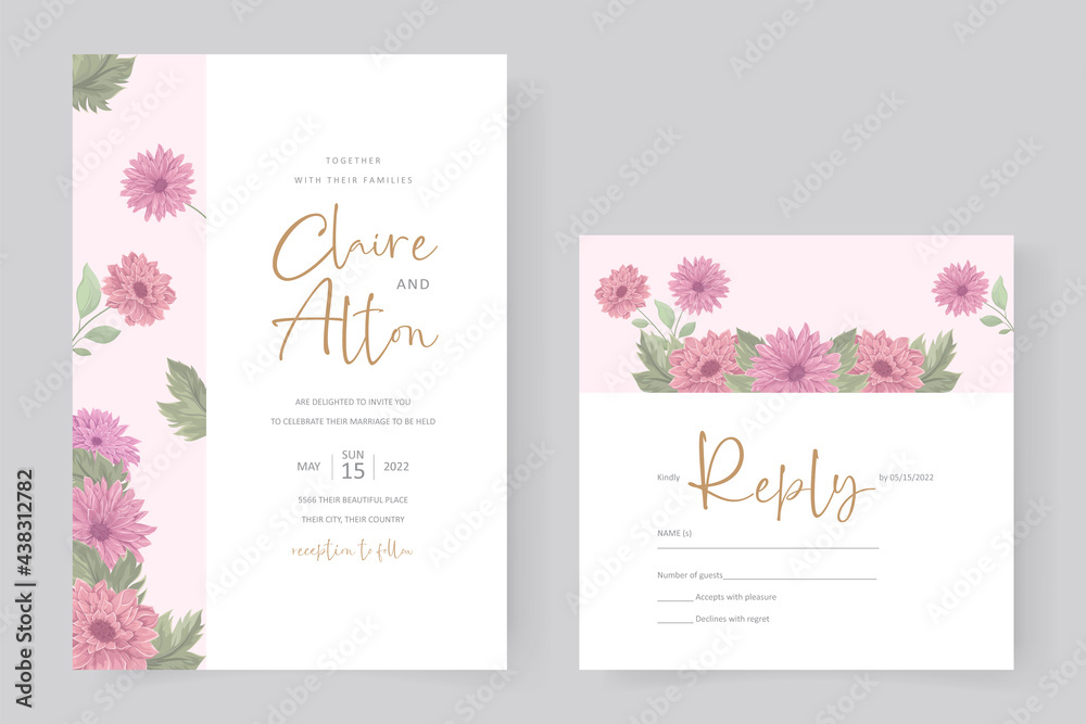Hand drawn chrysanthemum flower wedding invitation template