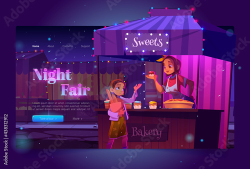 Night fair banner with food market on street and girl buying sweets. Vector landing page of festive marketplace with cartoon illustration of wooden stalls, bakery vendor at counter with cakes