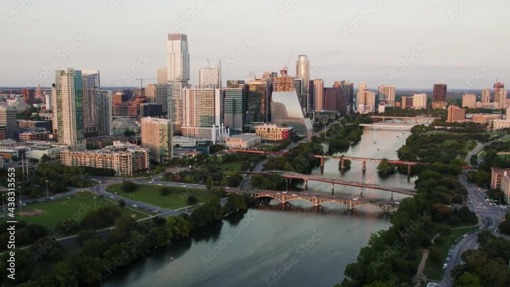 Drone Flyover of Beautiful Downtown Austin, Texas and Ladybird Lake at Sunset in Slow Motion Drone Flyover of Beautiful Downtown Austin, Texas and Ladybird Lake at Sunset in Slow Motion
