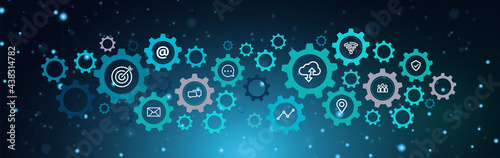 business information technology icon concept by a gear wheel cog and the linkage of technology in blue background light