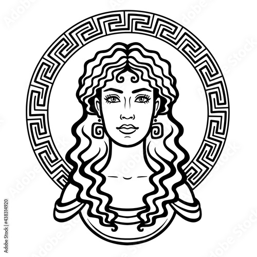 Linear portrait of the young Greek woman with a traditional hairstyle. Decorative circle. Vector illustration isolated on a white background.