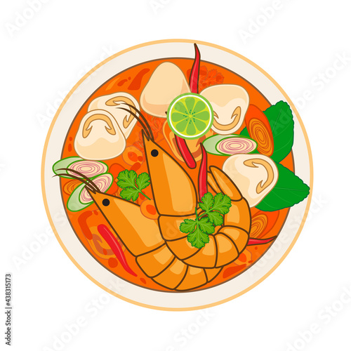 Tom Yum Kung Soup. Thai Spicy Soup is famous Food, Isolated, Vector Illustration.