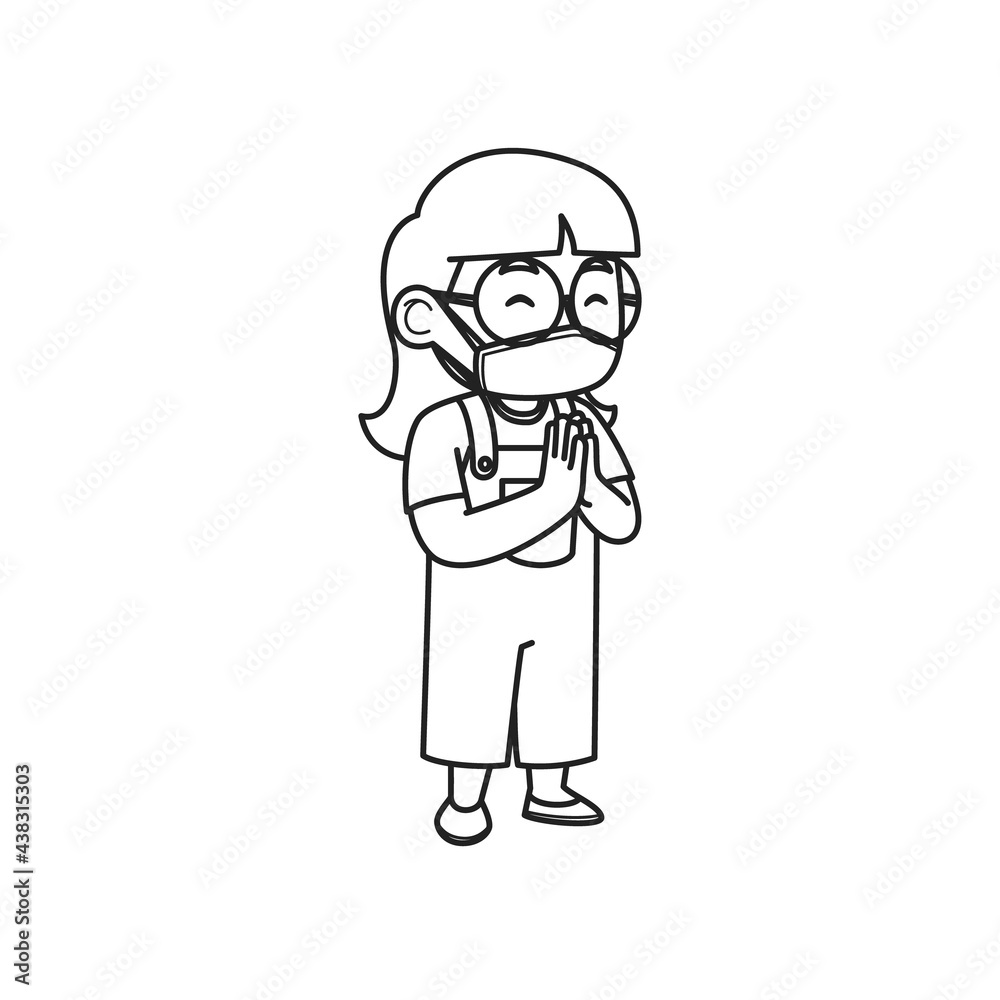 Girl Characters Wearing Face Masks Waiting to Be Vaccinated. Coloring Book Illustration. Vector Illustration. Girl Characters Wearing Face Masks Waiting to Be Vaccinated. Coloring Book Illustration. Vector Illustration.
