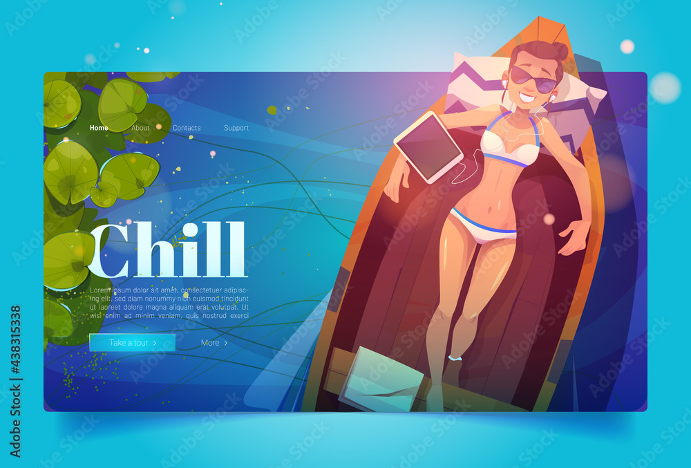 Chill cartoon landing page, woman in bikini lying in wood boat listen music on tablet top view. Girl relaxing on pond with water lilies float on water surface, summer vacation, vector illustration - obrazy, fototapety, plakaty 