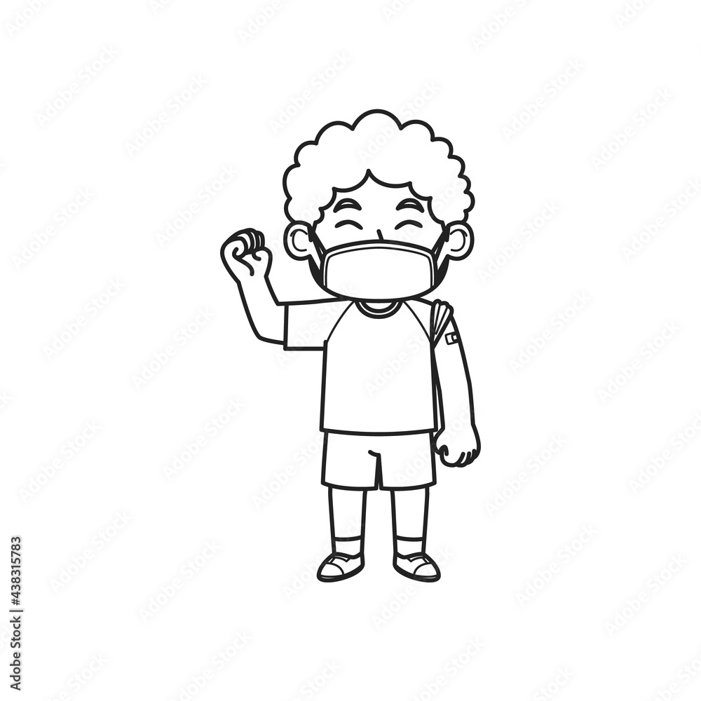 The Boy Character Wearing a Face Mask Looks Happy After Being Vaccinated. Coloring Book Illustration. Vector Illustration.