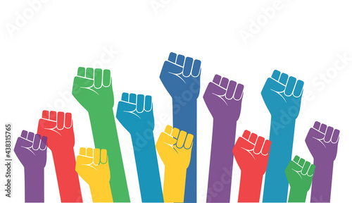 Group of fists raised in air. vector illustration