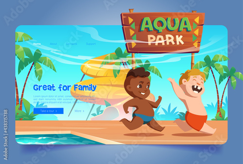 Aquapark cartoon landing page, kids playing in amusement aqua park with water attractions, boys run near slides and swimming pool, book a tickets service for children entertainment, vector web banner