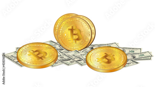 Scattered paper 100 us dollars banknotes and golden Bitcoin coins over cash money isolated on white. Pile of money and Bitcoin coin in realistic style. Vector illustration.