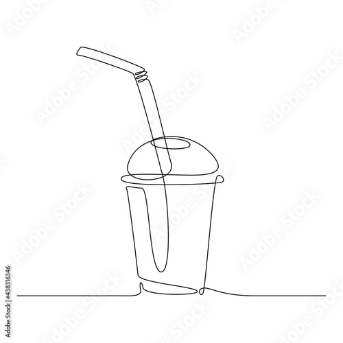 Sweet fresh drink in plastic cup in One continuous line drawing. Vegan smoothie in transparent mug in lineart style. Editable stroke. Modern vector illustration