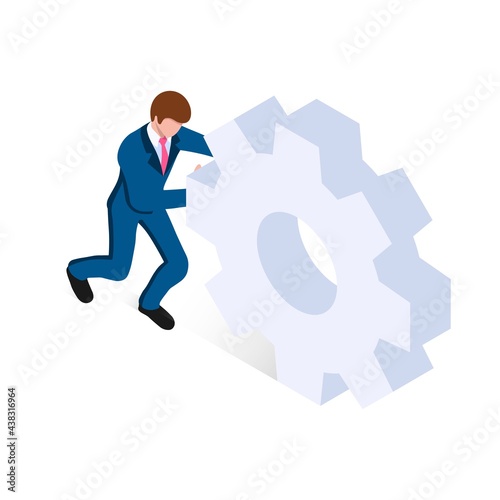 A man in a business suit pushing a gear. The concept of business processes, launching a new project, workflow. Vector illustration in isometric style. Isolated on white background.