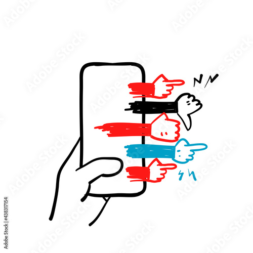 hand drawn doodle mobile phone and hand gesture symbol for cyber bullying illustration icon isolated