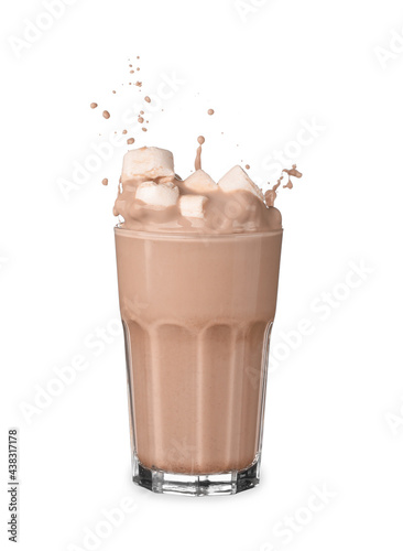 Glass of cocoa drink with splash on white background