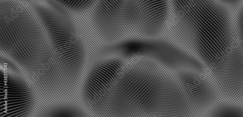 Background with convex forms. Grid surface with ripples and reflections. 3d dynamic vector illustration.